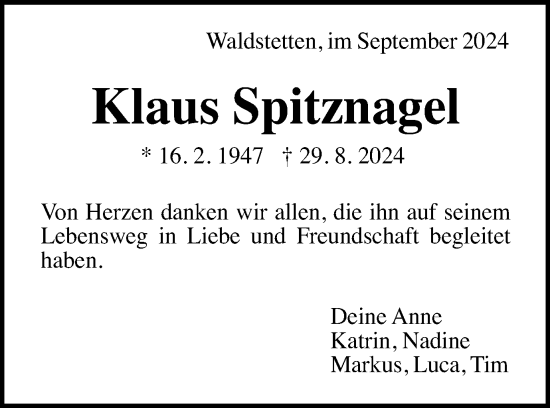 Traueranzeige von Klaus Spitznagel von Gmünder Tagespost