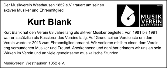 Traueranzeige von Kurt Blank von Schwäbische Post