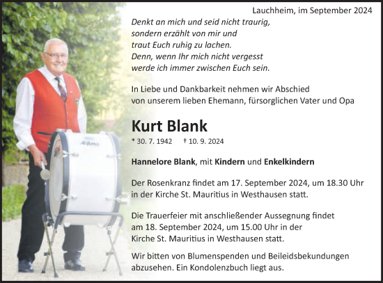Traueranzeige von Kurt Blank von Schwäbische Post