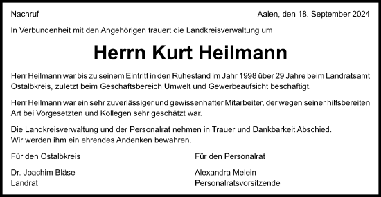 Traueranzeige von Kurt Heilmann von Schwäbische Post