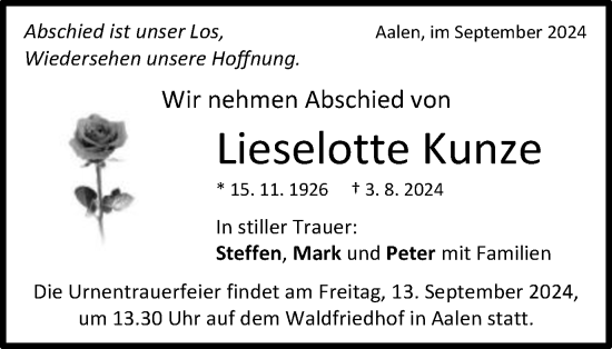 Traueranzeige von Lieselotte Kunze von Schwäbische Post