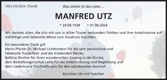 Traueranzeige von Manfred Utz von Schwäbische Post