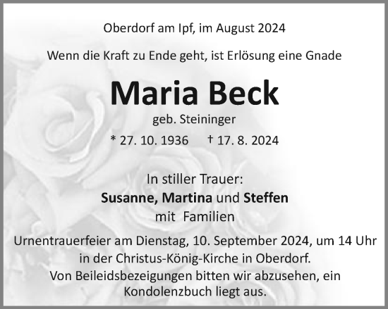 Traueranzeige von Maria Beck von Schwäbische Post