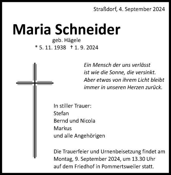 Traueranzeige von Maria Schneider von Schwäbische Post