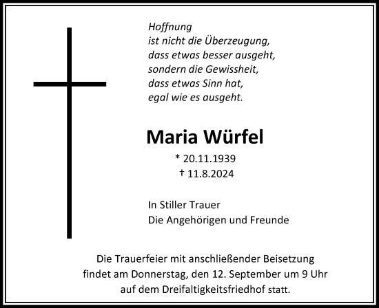 Traueranzeige von Maria Würfel von Gmünder Tagespost