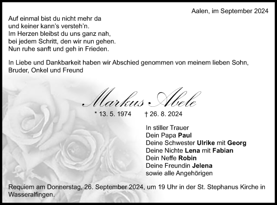 Traueranzeige von Markus Abele von Schwäbische Post
