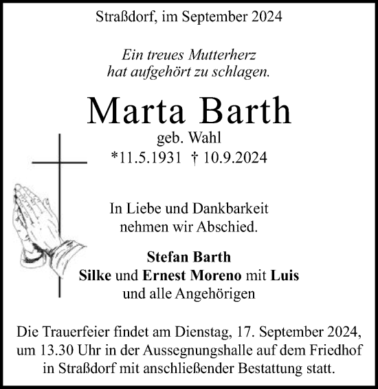 Traueranzeige von Marta Barth von Gmünder Tagespost