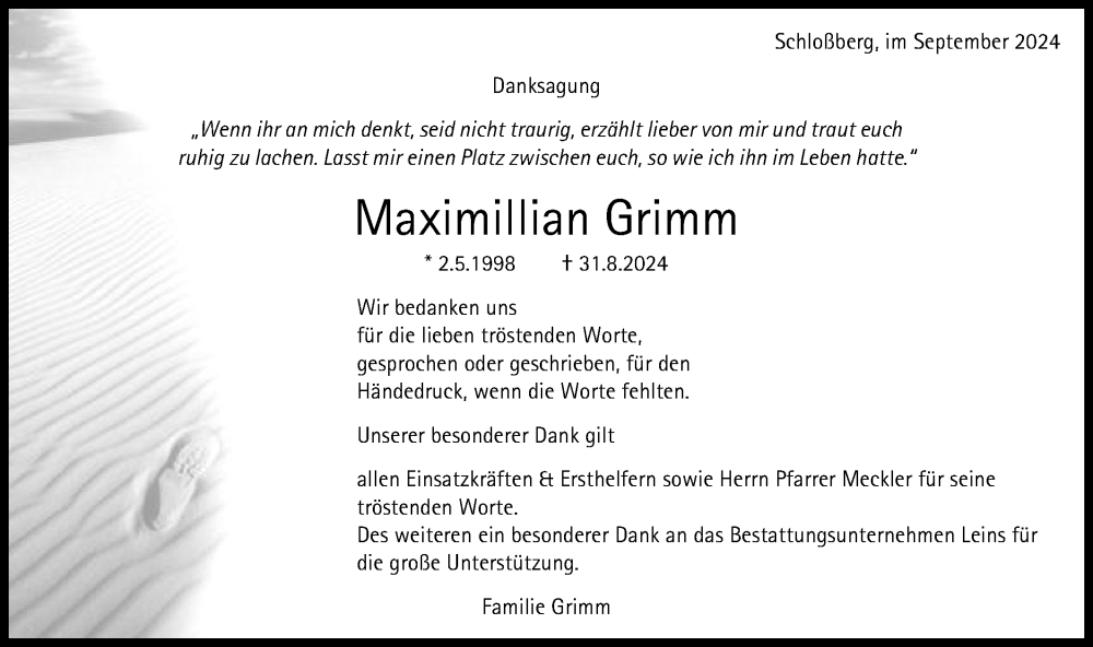  Traueranzeige für Maximillian Grimm vom 21.09.2024 aus Schwäbische Post
