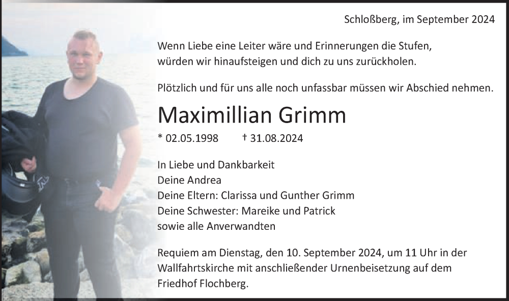  Traueranzeige für Maximillian Grimm vom 07.09.2024 aus Schwäbische Post