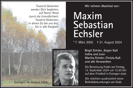 Traueranzeige von Maxim Sebastian Echsler von Schwäbische Post