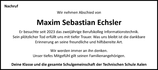 Traueranzeige von Maxim Sebastian Echsler von Schwäbische Post