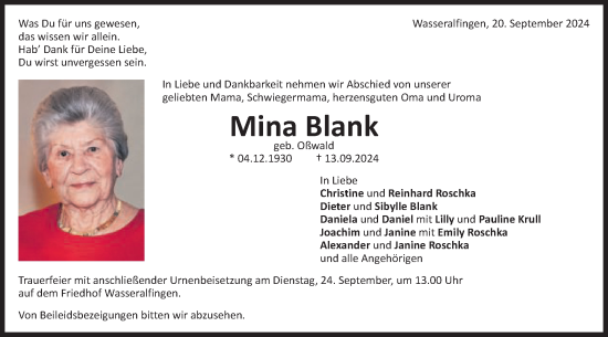 Traueranzeige von Mina Blank von Schwäbische Post