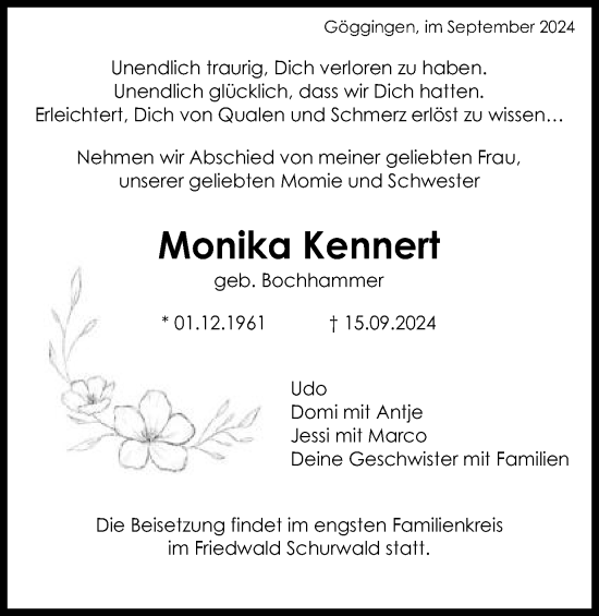 Traueranzeige von Monika Kennert von Gmünder Tagespost