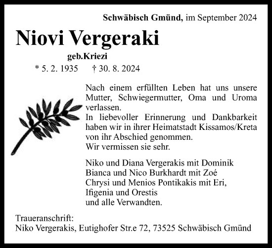 Traueranzeige von Niovi Vergeraki von Gmünder Tagespost