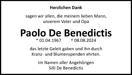 Traueranzeige von Paolo De Benedictis von Schwäbische Post