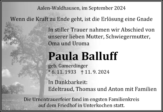 Traueranzeige von Paula Balluff von Schwäbische Post