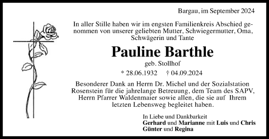 Traueranzeige von Pauline Barthle von Gmünder Tagespost