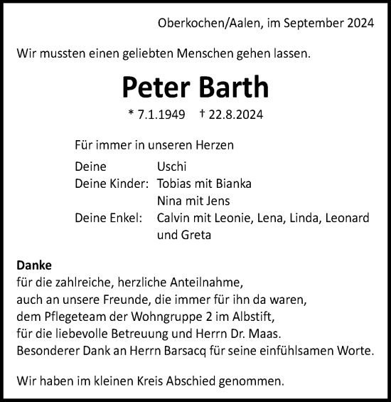 Traueranzeige von Peter Barth von Schwäbische Post