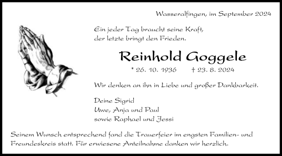 Traueranzeige von Reinhold Goggele von Schwäbische Post