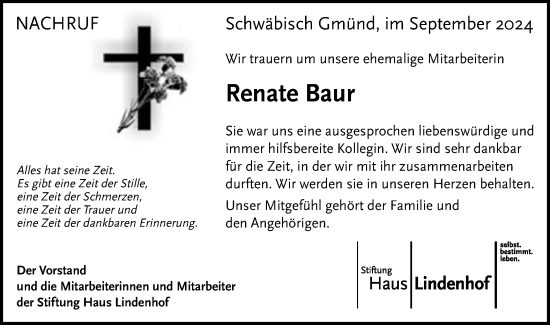 Traueranzeige von Renate Baur von Gmünder Tagespost
