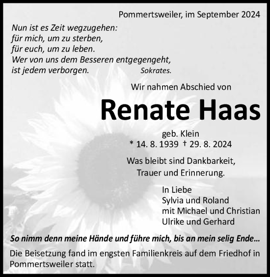 Traueranzeige von Renate Haas von Schwäbische Post