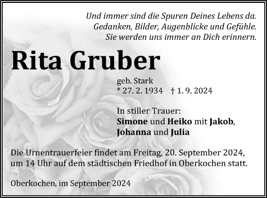 Traueranzeige von Rita Gruber von Schwäbische Post