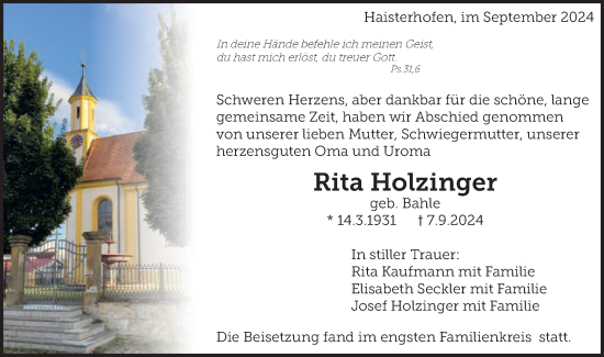 Traueranzeige von Rita Holzinger von Schwäbische Post
