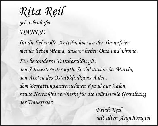 Traueranzeige von Rita Reil von Schwäbische Post