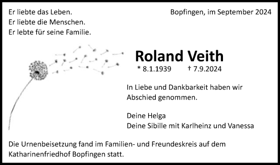 Traueranzeige von Roland Veith von Schwäbische Post