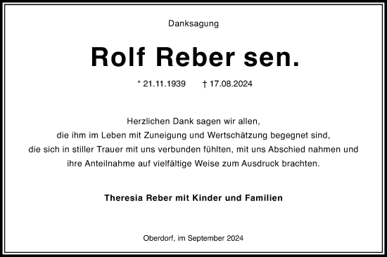 Traueranzeige von Rolf Reber von Schwäbische Post