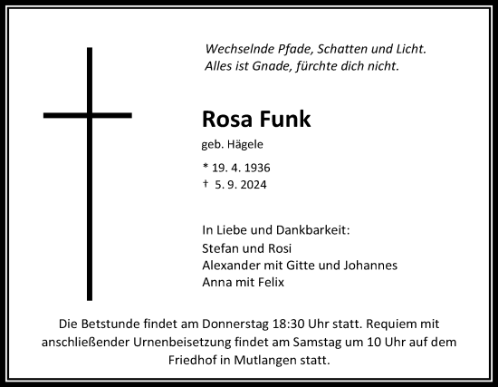 Traueranzeige von Rosa Funk von Gmünder Tagespost