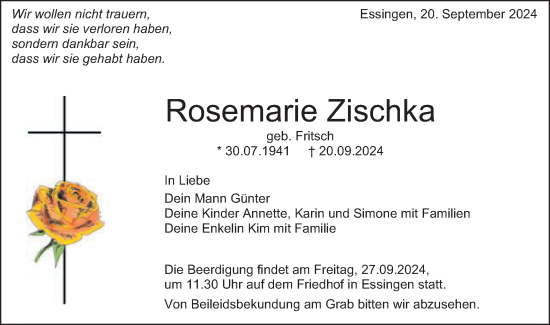 Traueranzeige von Rosemarie Zischka von Schwäbische Post
