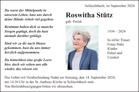 Traueranzeige von Roswitha Stütz von Gmünder Tagespost