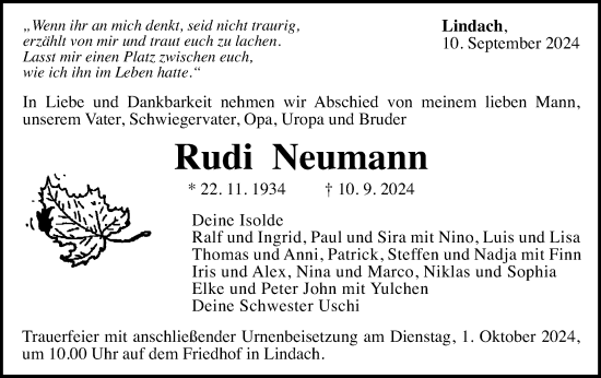 Traueranzeige von Rudi Neumann von Gmünder Tagespost