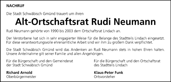 Traueranzeige von Rudi Neumann von Gmünder Tagespost