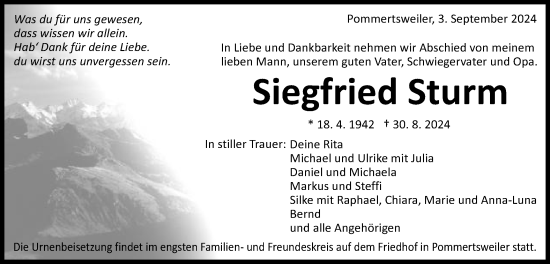Traueranzeige von Siegfried Sturm von Schwäbische Post