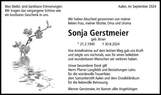 Traueranzeige von Sonja Gerstmeier von Schwäbische Post