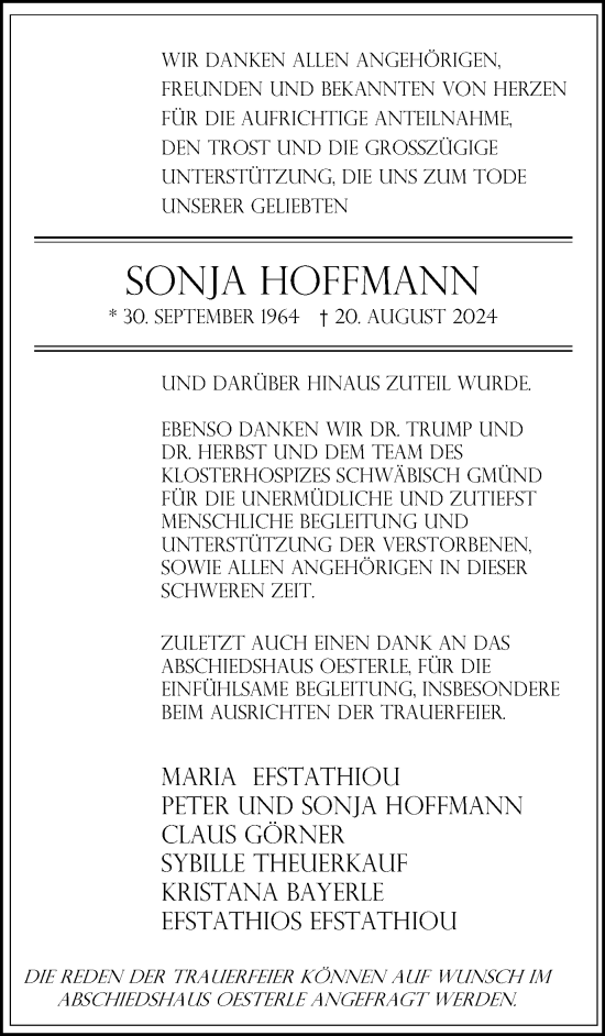 Traueranzeige von Sonja Hoffmann von Gmünder Tagespost