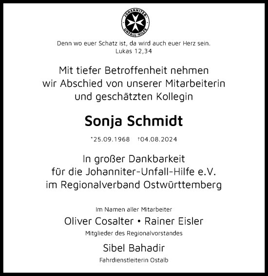 Traueranzeige von Sonja Schmidt von Schwäbische Post