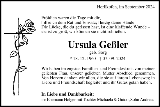 Traueranzeige von Ursula Geßler von Gmünder Tagespost