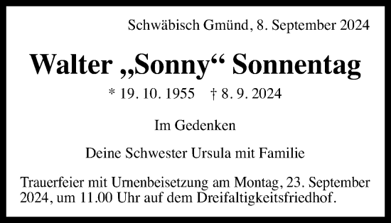 Traueranzeige von Walter Sonnentag von Gmünder Tagespost