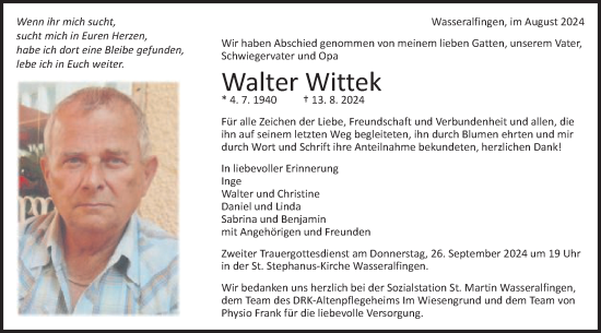 Traueranzeige von Walter Wittek von Schwäbische Post