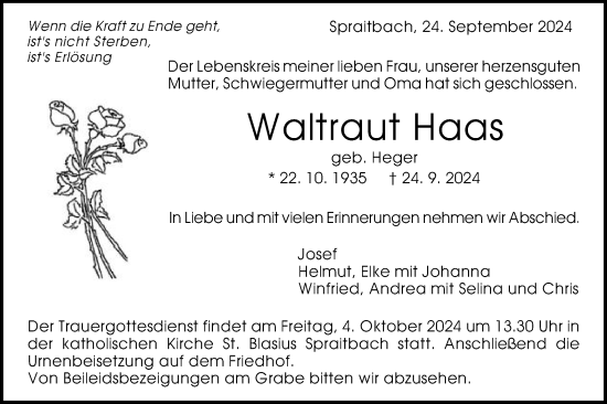 Traueranzeige von Waltraut Haas von Gmünder Tagespost