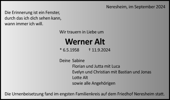 Traueranzeige von Werner Alt von Schwäbische Post
