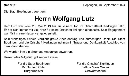Traueranzeige von Wolfgang Lutz von Schwäbische Post