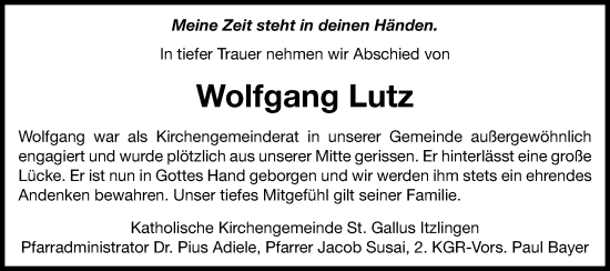 Traueranzeige von Wolfgang Lutz von Schwäbische Post