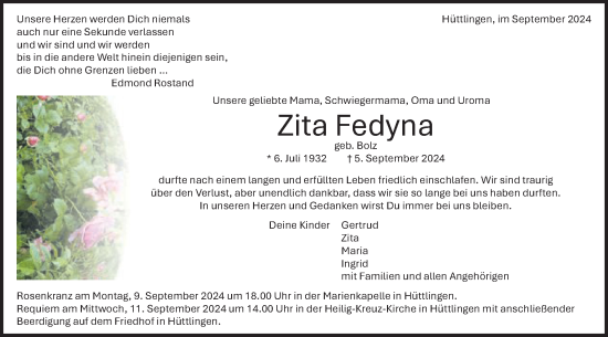 Traueranzeige von Zita Fedyna von Schwäbische Post