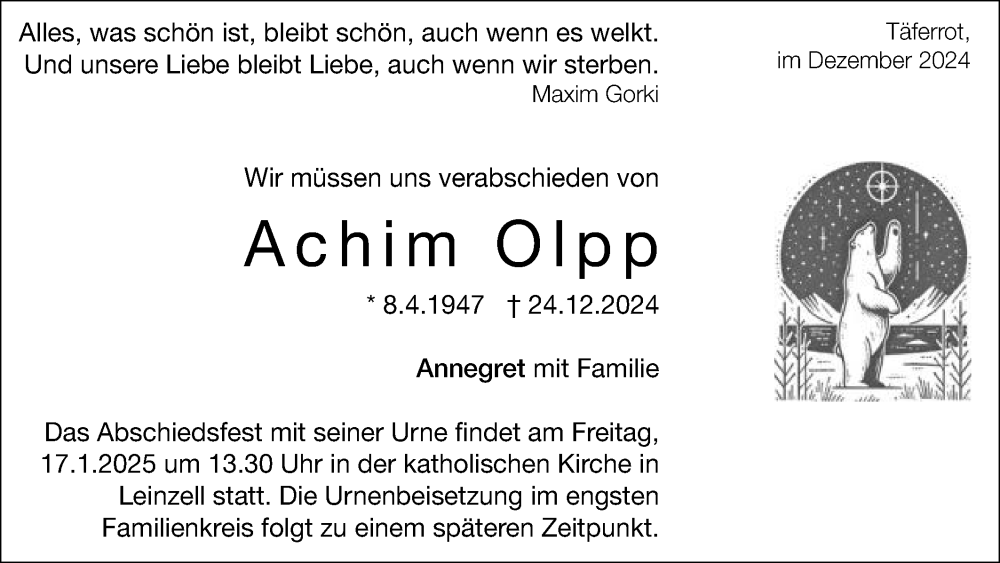  Traueranzeige für Achim Olpp vom 10.01.2025 aus Gmünder Tagespost