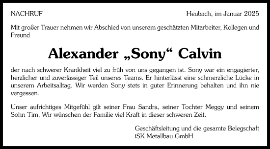 Traueranzeige von Alexander Calvin von Gmünder Tagespost