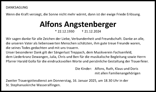 Traueranzeige von Alfons Angstenberger von Schwäbische Post